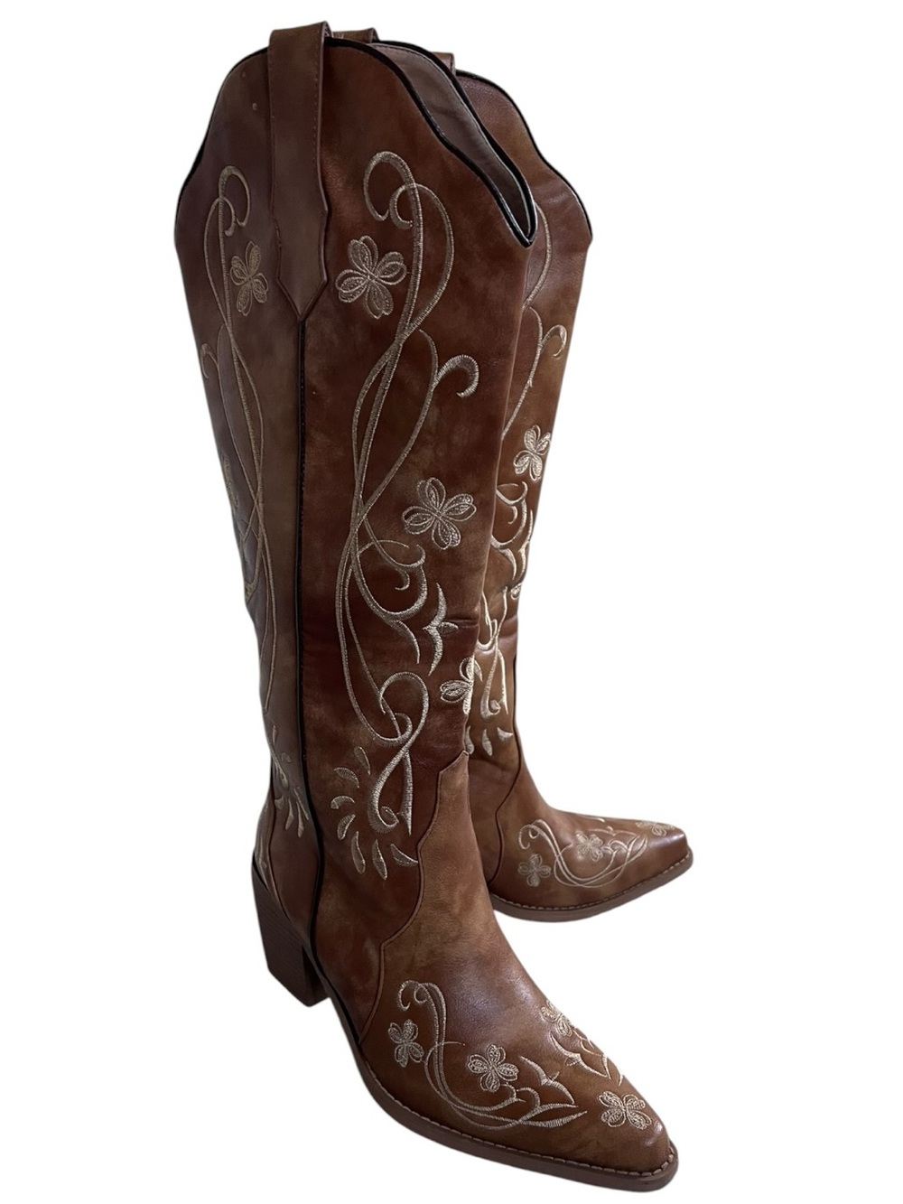 Cowboy Boots Womens Size 9 Brown Floral Embroidered Western Knee High Boots